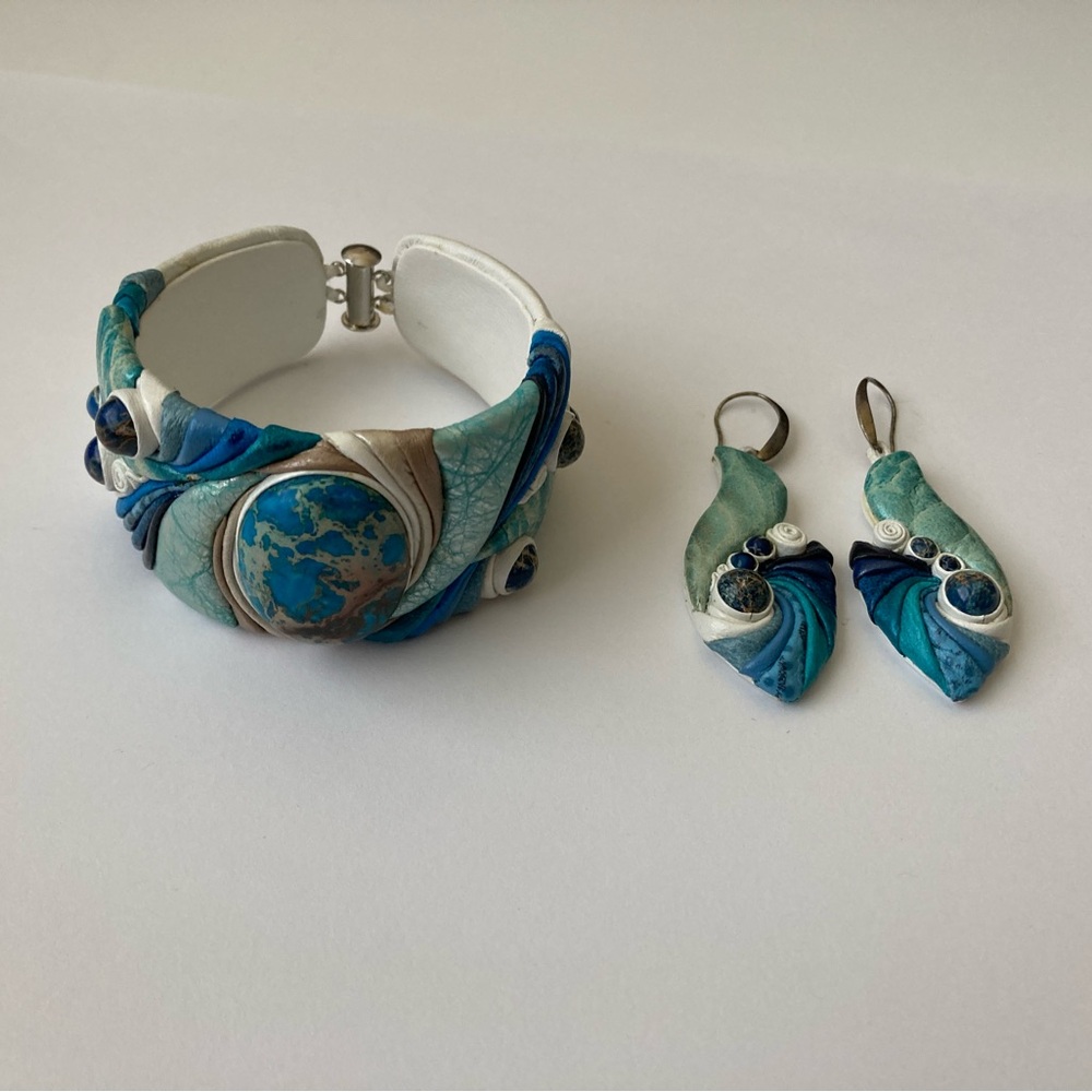 Variscite Gemstone Bracelet and Earrings Set Handmade
